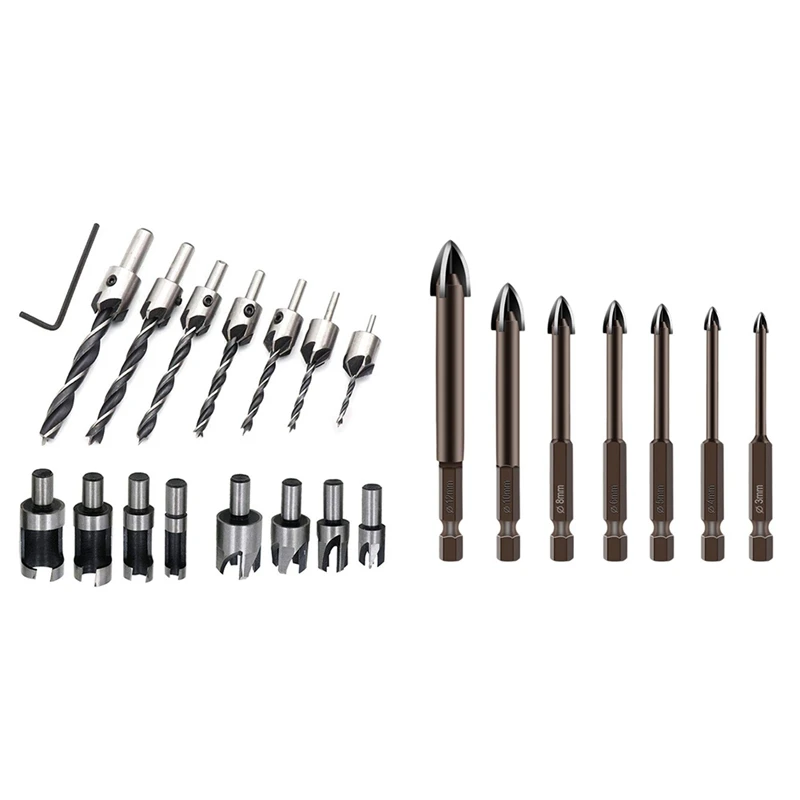 

8 Pieces HSS Taper Claw Type Wood Plug Cutter Drill Bits & 7Pcs Cemented Carbide Drill Bit Tools Multifunction Bits