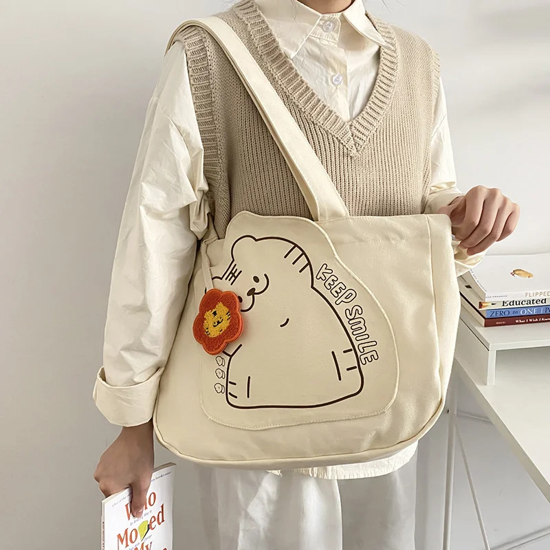 

Women Canvas Shoulder Bag Cute Little Tiger Books Bag For College Girl Large Capacity Shopping Bag Cotton Cloth Fabric Big Tote