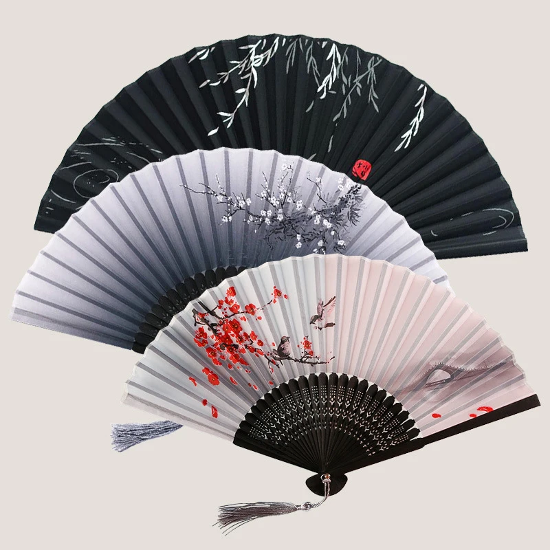 

1pc Chinese Japanese Silk Folding Fan Wooden Shank Classical Dance Fan High Quality Tassel Elegent Female Fan Home Decoration
