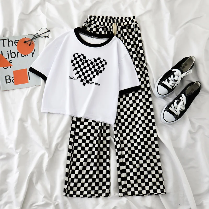 

Summer Teens Girls Clothes Print Sets Outfits Kids Short Sleeve T-shirt + Plaid Long Pants Child Tracksuit 2PCS 6 8 10 12 Year