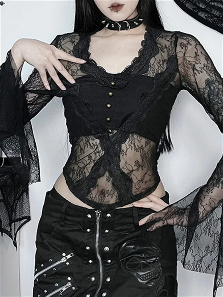 

Retro Mall Gothic Alt Sexy Lace Blouse 2024 New Women Elegant Fairycore Grunge See Through Long Sleeve V-neck Crop Top Femme Emo