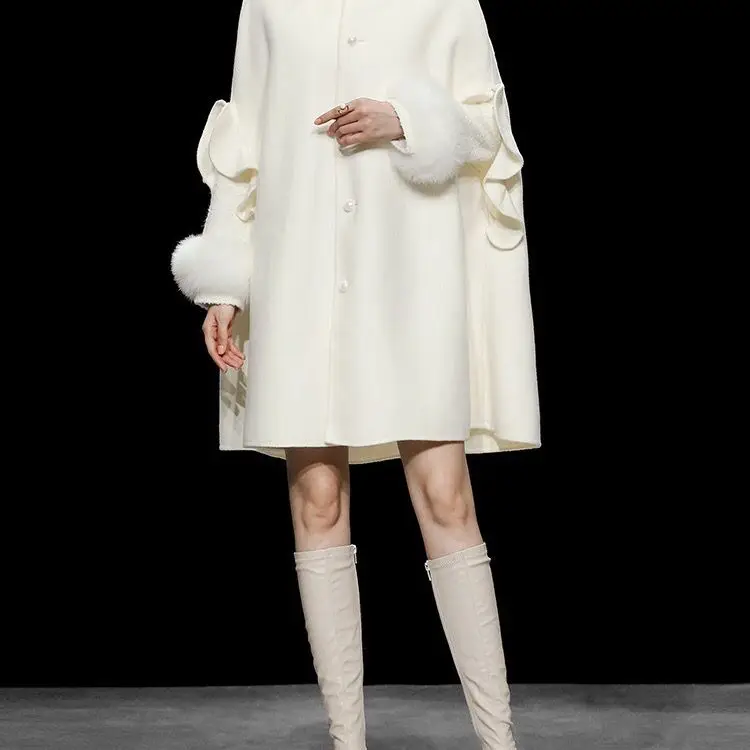 Women Faux Fur White Cardigan Coat Wool Blend Spring Autumn Winter Elegant Faux Fox Fur Ladies Fashion Coat Fur Coat