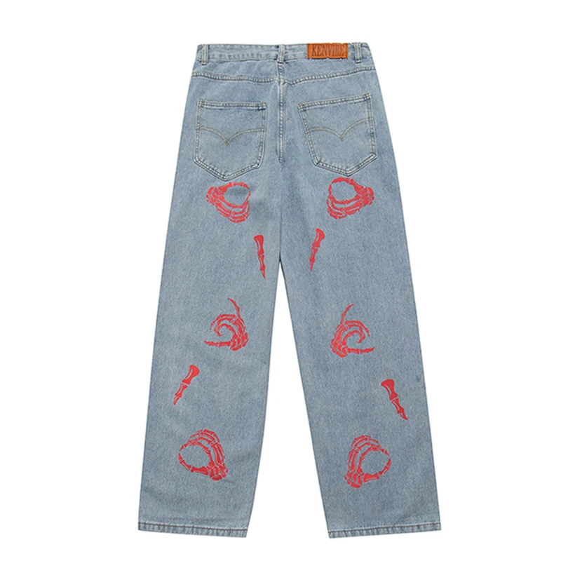 Skeleton Skull Pants Y2k Streetwear Print Distressed Men Straight Jeans High Street Vintage Punk Trouser Women Denim Jeans Blue