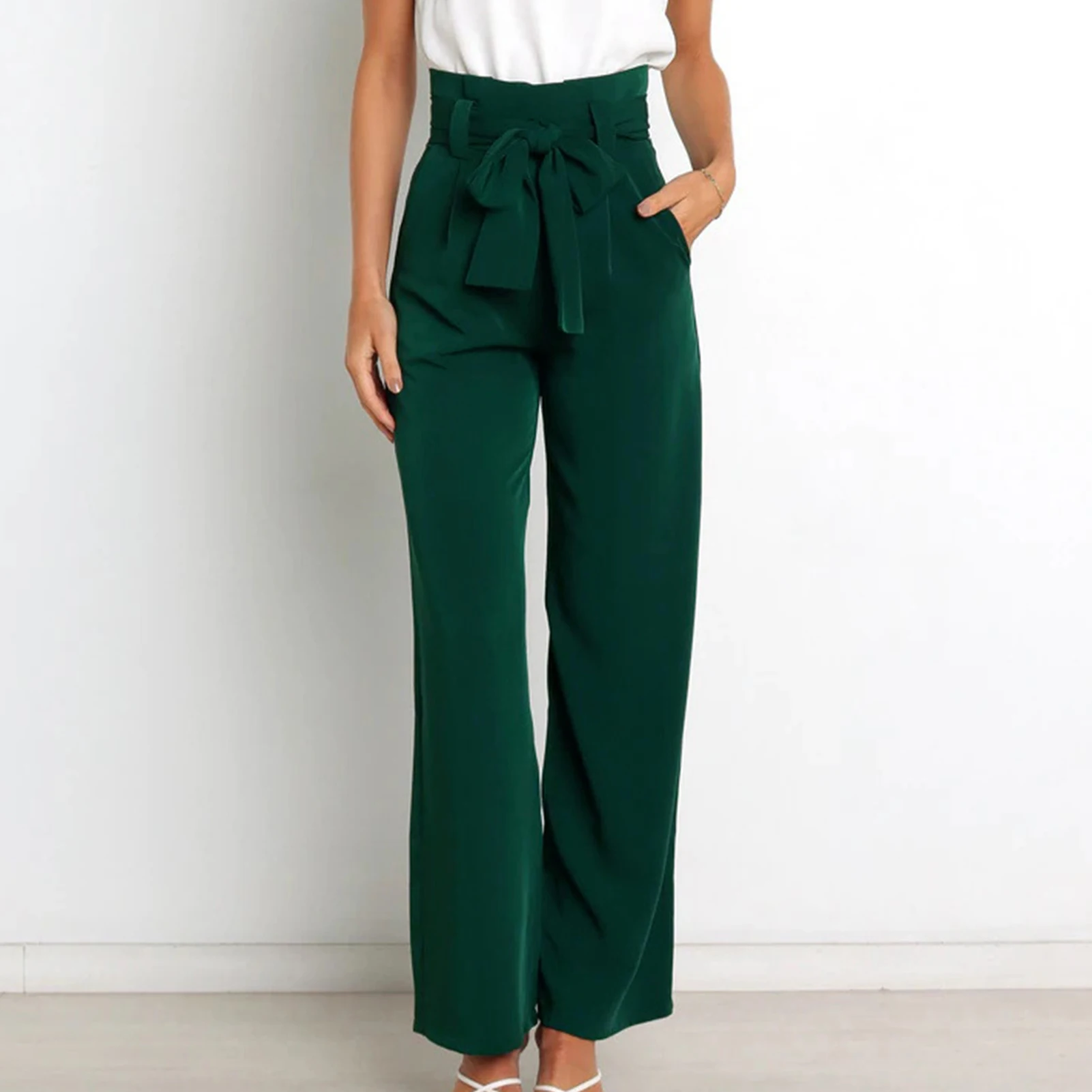 

Solid Commut Straight Pants Women 2023 Summer New High Waist Bow Wide Leg Trouser Lady Fashion Casual Loose Pocket Office Pant