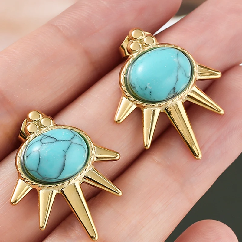 

Blue Natural Stone Inlaid Rhinestone Star Earrings for Women Relief Stainless Steel Geometry Earrings Charm Pendant Jewelry
