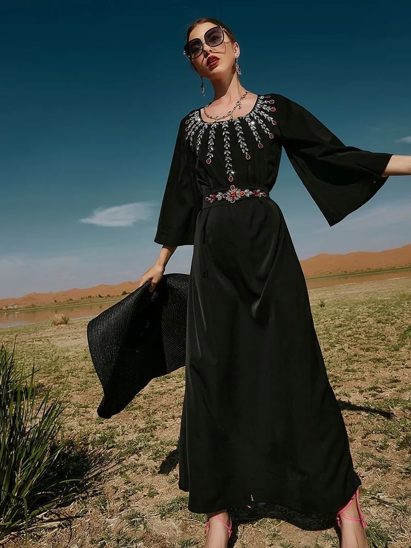 Rhinestone Kaftan Women Moroccan Party Caftan Satin Flare Sleeve Muslim Long Dress Belted Arab Dubai Saudi Abaya  Ramadan Black