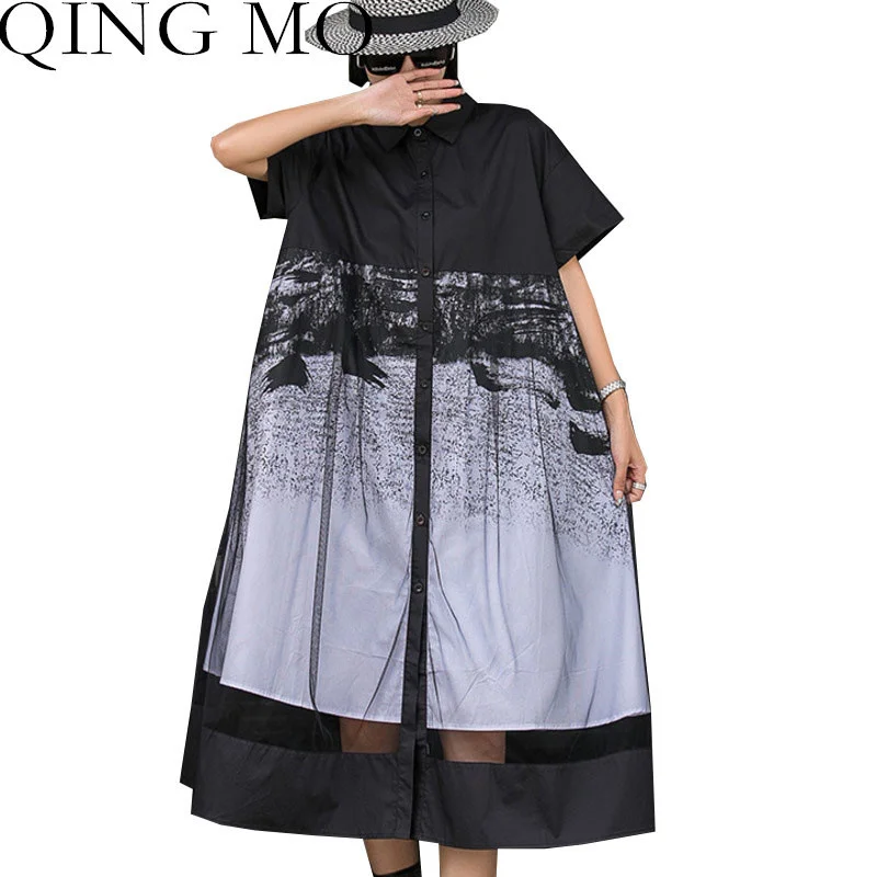 

Женское платье-рубашка большого размера QIN с коротким рукавом и ГМО, лето 2023, новое модное Сетчатое платье средней длины с принтом, LHX284A