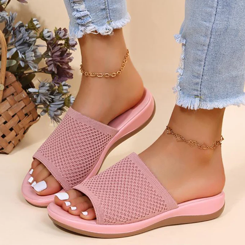 Women Sandals 2022 Summer Knitting Low Heels Sandals Casual Femme Comfort  Flat Slippers Zapatos Mujer Slip on Wedges Slippers | АлиЭкспресс