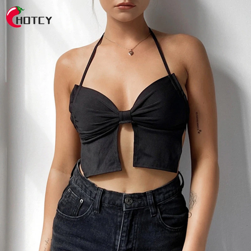 

HOTCY Fashion High Quality Polyester Tie Solid Color Beautiful Sexy Halter Top for Women