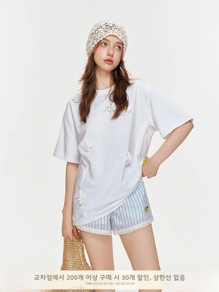 Kroche 24ss Romantic Encounter Three-Dimensional Beaded Flower round Neck Loose Short sleeve T-shirt