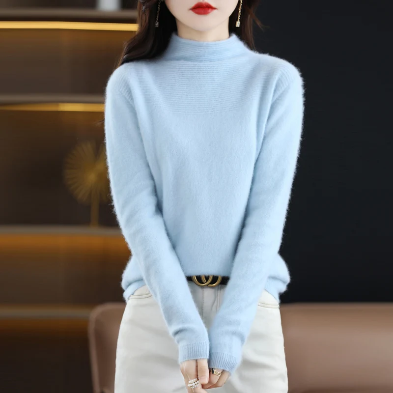 Норковый кашемировый свитер пуловер с полувысоким воротником женский