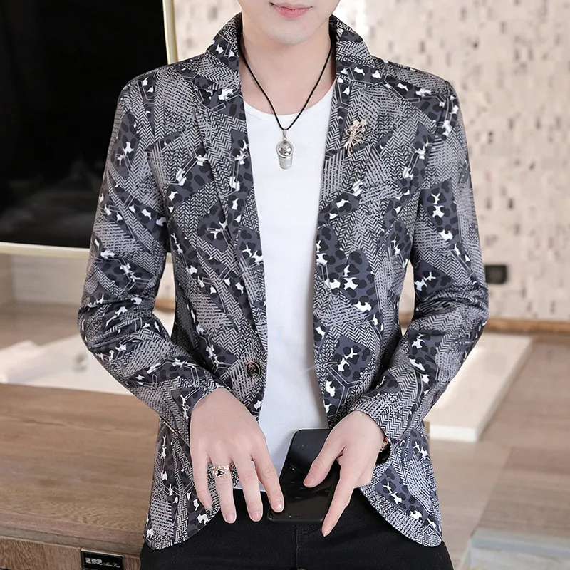 

HOO 2022 Men's Fashion Korean-Style Slim-Fit Suit Printed Youth Handsome Casual blazer