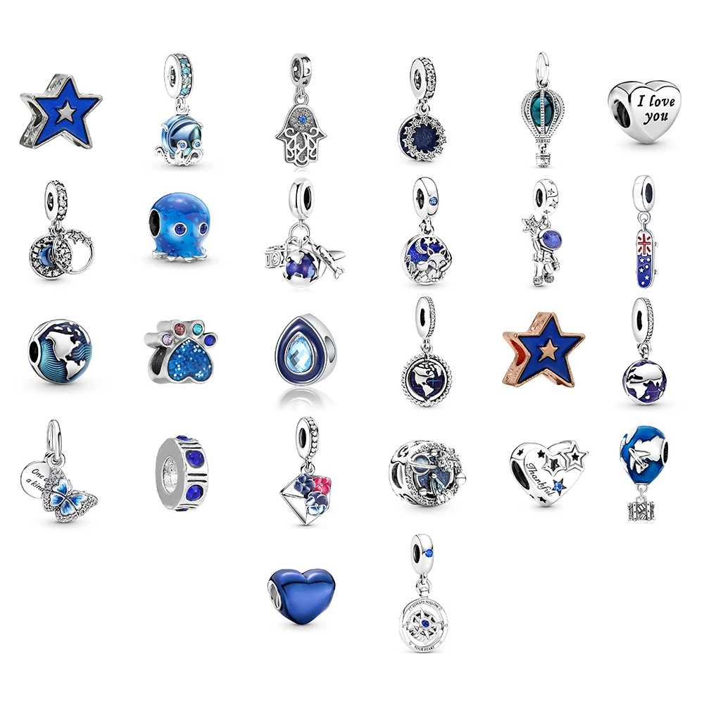 

Stainless Steel Alloy Creativity Fashion Charms Zircon Round Blue Pandora Pendant Original Bracelet DIY Jewelry Making