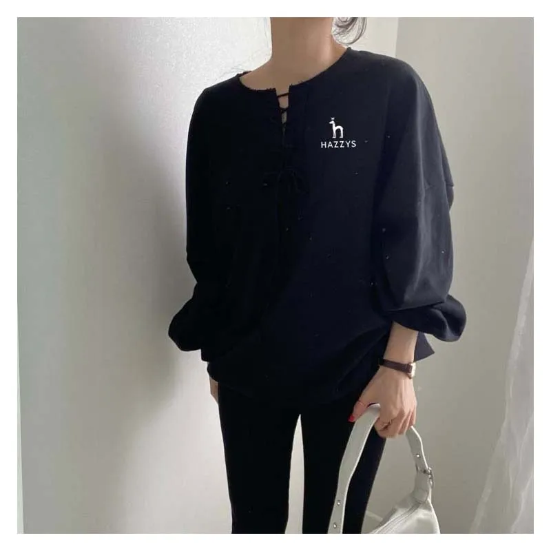 2023 Vintage HAZZYS Long Sleeved T-shirt Pullover Sweater Women Spring Autumn Casual Loose Lantern Sleeve Viking Slim Golf Top