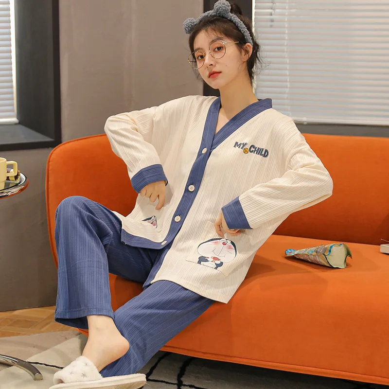 Comfortable Breathable Sleepwear Cardigan Long Sleeve Loungewear Pijamas Set for Women Kimono Large Size Women's Home Clothes