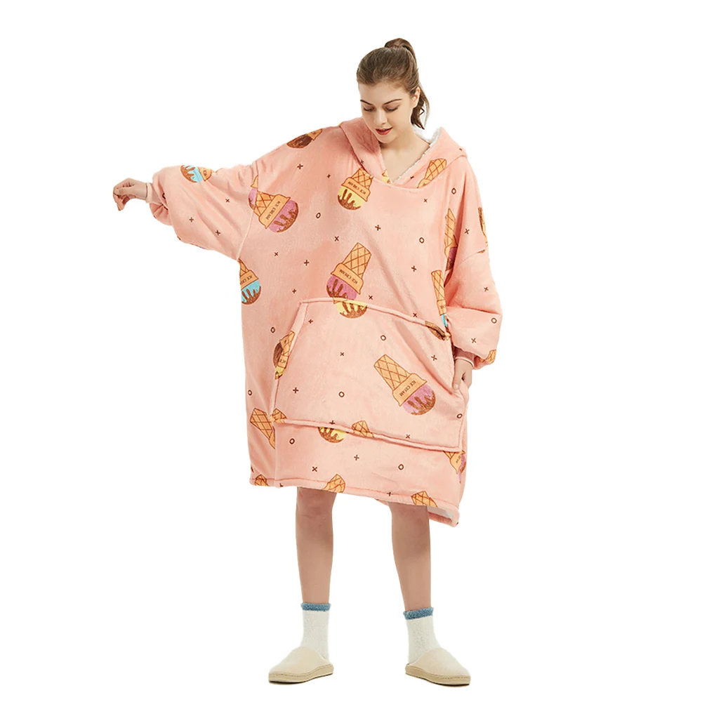 

Double Weigh Stich Ice Cream Throw TV Blanket Hoodie with Sleeves Sherpa Wearable Adult Child Baby Sweatshirt for Bed Winter