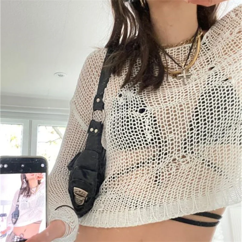 

Vintage Fairycore Grunge Smock Sweater Y2K Distressed Loose Knitted Pullovers 2000s Retro Harajuku Oversized Jumpers Crop Top