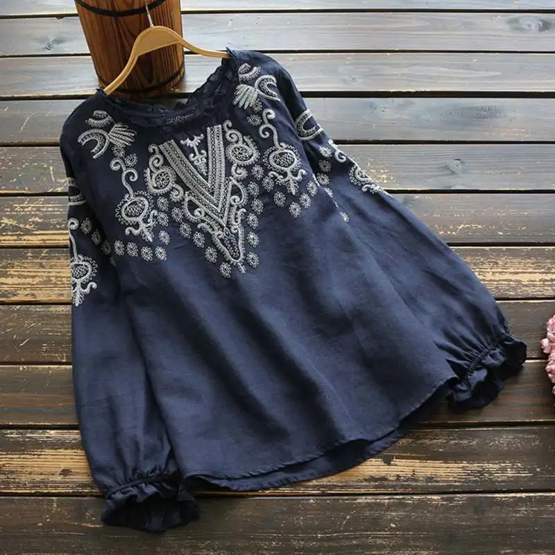 

2022 Spring Long Sleeve Ruffles Tops Women Vintage Embroidery Blouse Casual O Neck Cotton Linen Shirt Tshirt Feminina