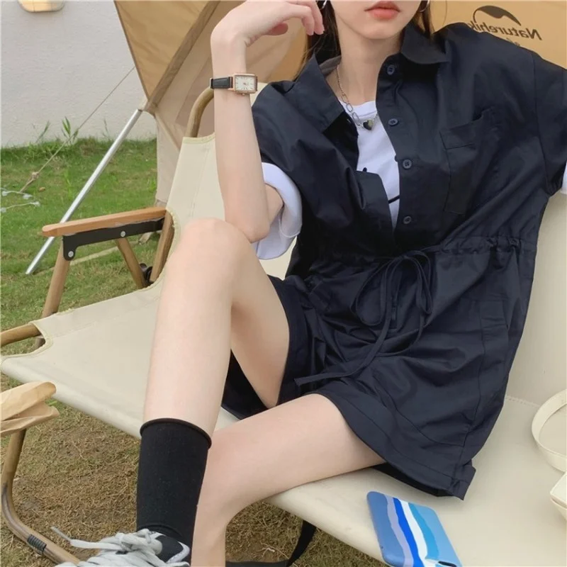 Fashion Summer New Korean Casual Loose Short Sleeve One-piece Shorts Drawstring Lace Workwear One-piece Shorts Women's Clothing