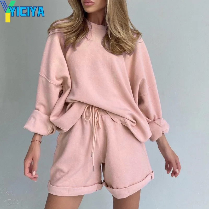 

Спортивный костюм YICIYA 2022, женские розовые свободные шорты с круглым вырезом, модный спортивный свитер, повседневный комплект из двух предме...