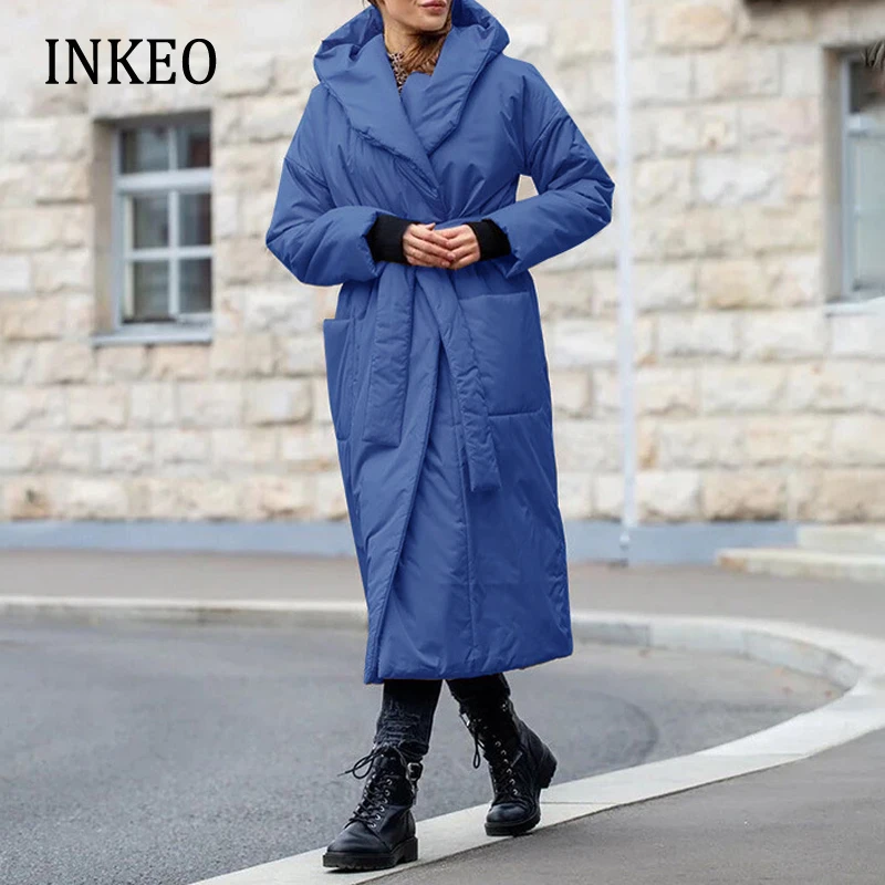 Women's 2022 Winter Pockets Puffer jacket with belt Blue Black Warm Oversized Hooded long padded coat Parka Female INKEO 2O090
