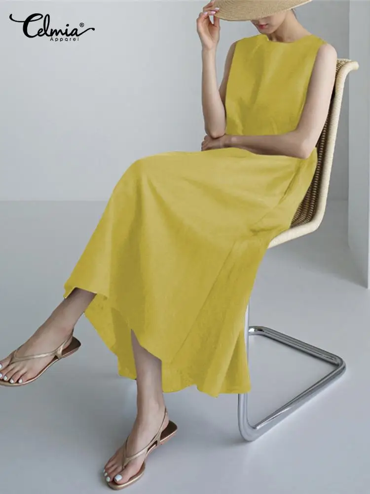 

Celmia Leisure A Line Midi Robe Loose Fashion Pockets Solid Color Long Sundress 2022 Summer Sleeveless O Neck Women Tank Dresses