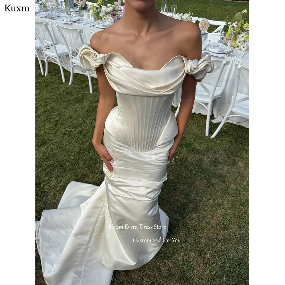 Фото Kuxm Elegant Strapless Mermaid Wedding Dress Off The Shoulder Satin Vestidos De Noiva Backless Long Train Bridal Gown Customized №1