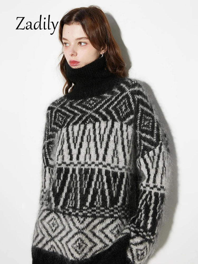 

Zadily 2023 Winter Vintage Long Sleeve Woman Mohair Turtleneck Sweater Korea Style Argyle Knit Ladies Pullovers Warm Warm Tops