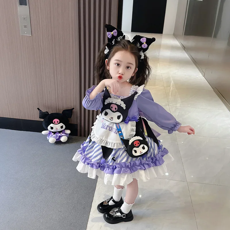 Фото Платье для девочек Kuromi Sanrio: Новая осенняя коллекция, мультяшный дизайн, аниме-персонаж, модная юбка в стиле Лолита, детская одежда из хлопка, кавайный стиль №5