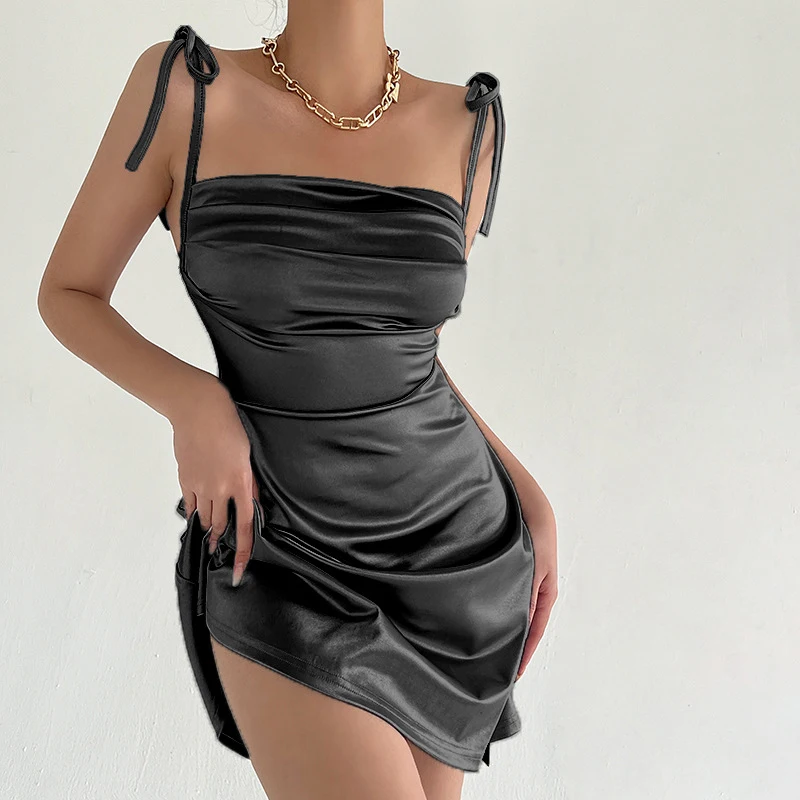 

Sexy Women Mini Satin Dress 2022 Summer Spaghetti Strap Beach Dresses Ladies Lessveless Night Dresses Clubwear Robes De Soirée