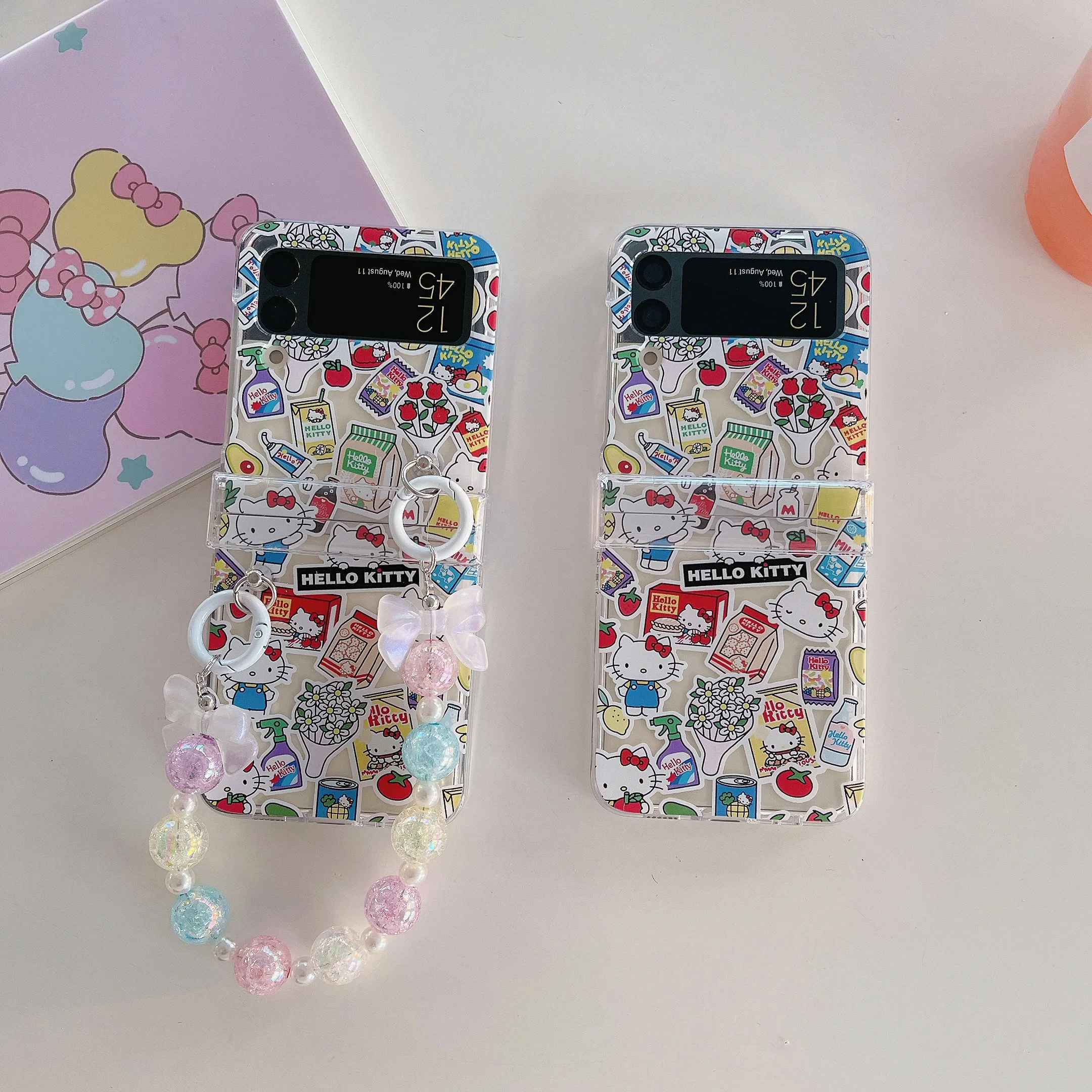 

Cartoon Cute Sanrio Hello Kitty With Lanyard Bracelet Phone Case for Samsung Galaxy ZFlip3 ZFlip4 5G Fold Anti-drop Cover Coque