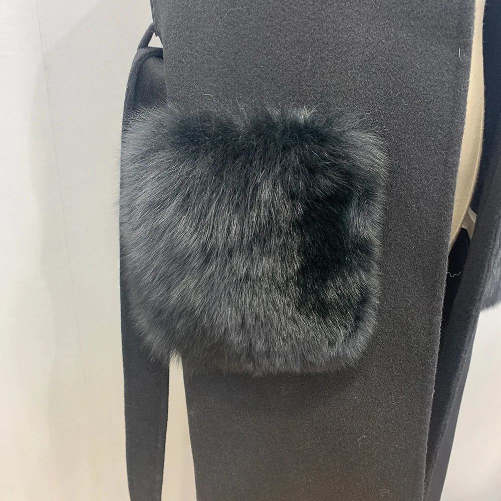 Spring Autumn Real Cashmere Vest With Fox Fur Women Fashion Sleeveless Fur Pocket Gilet Streetwear Wool Waistcoat S3605B