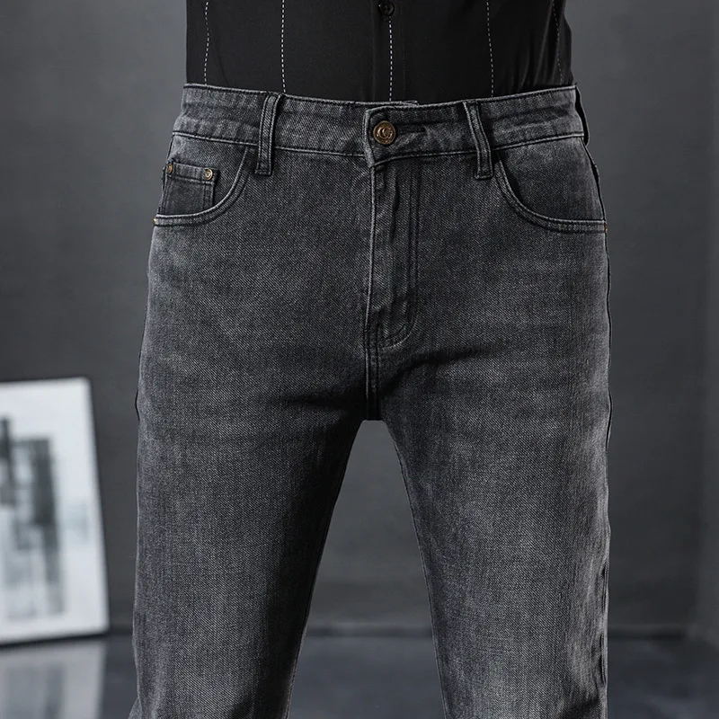 2023 Light Luxury Brand Jeans Men's 2022 New Mid-waist Trousers Gray Black Slim Straight Stretch Casual Pants Men Jeans  Jeans