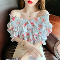 off shoulder chiffon shirt new 2022 summer new designer style women clothing ruffled fairy short sleeve floral blouse female