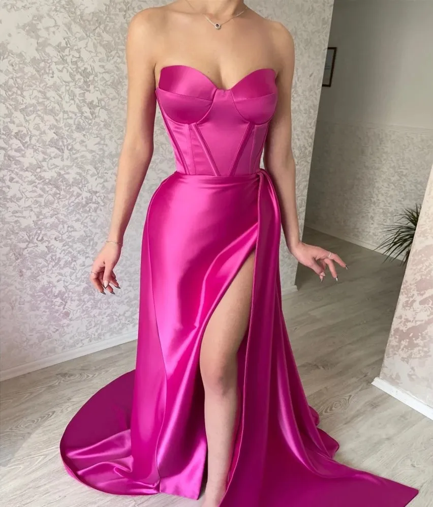 

Fushcia Evening Dresses 2022 Long Sexy Sweetheart High Side Slit Satin Prom Party Gown Robe De Soiree Vestidos Festa