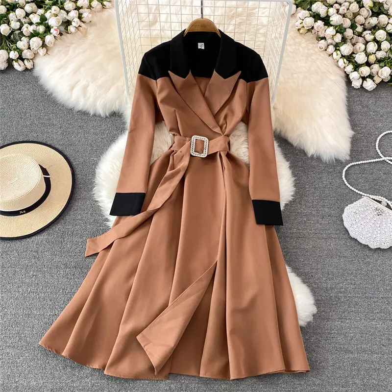 

Vintage Temperament Suit Dress Spring Korean High Waisted Long-Sleeve A-Line Dress Elegant Long Office Ladies Blazer Robe M2276