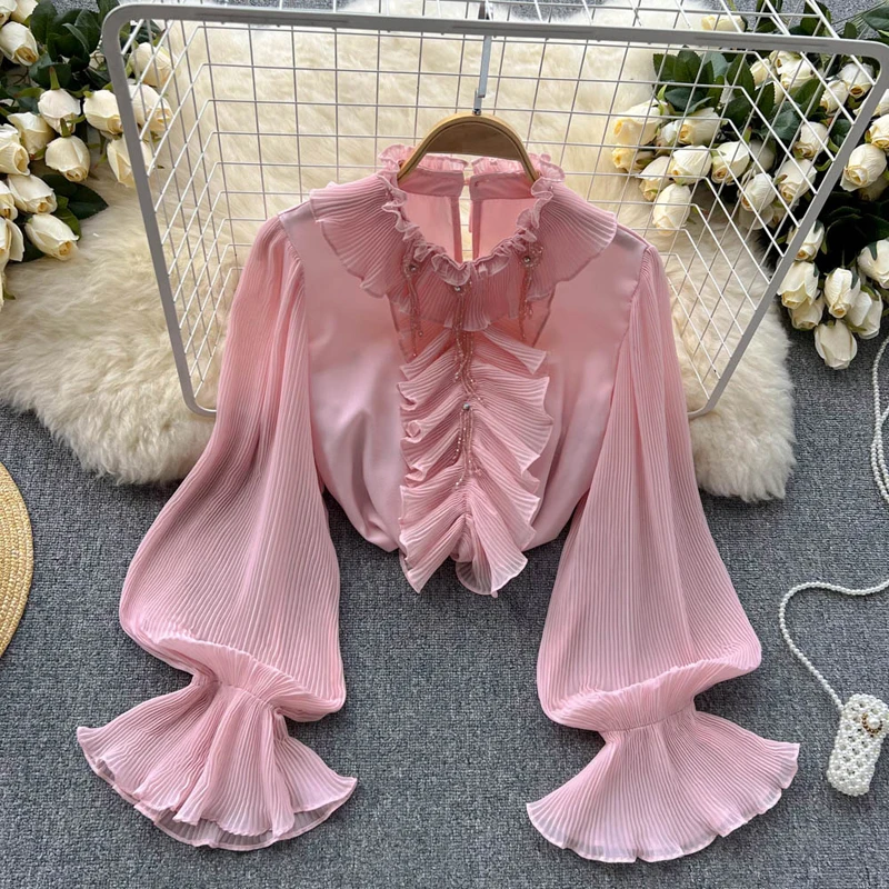 

Design Sense Blouse Shirt Femme Ruffled Pleated Blousa 2023 New Solid Color Peter Pan Collar Long Sleeve Beaded Trend Blouses