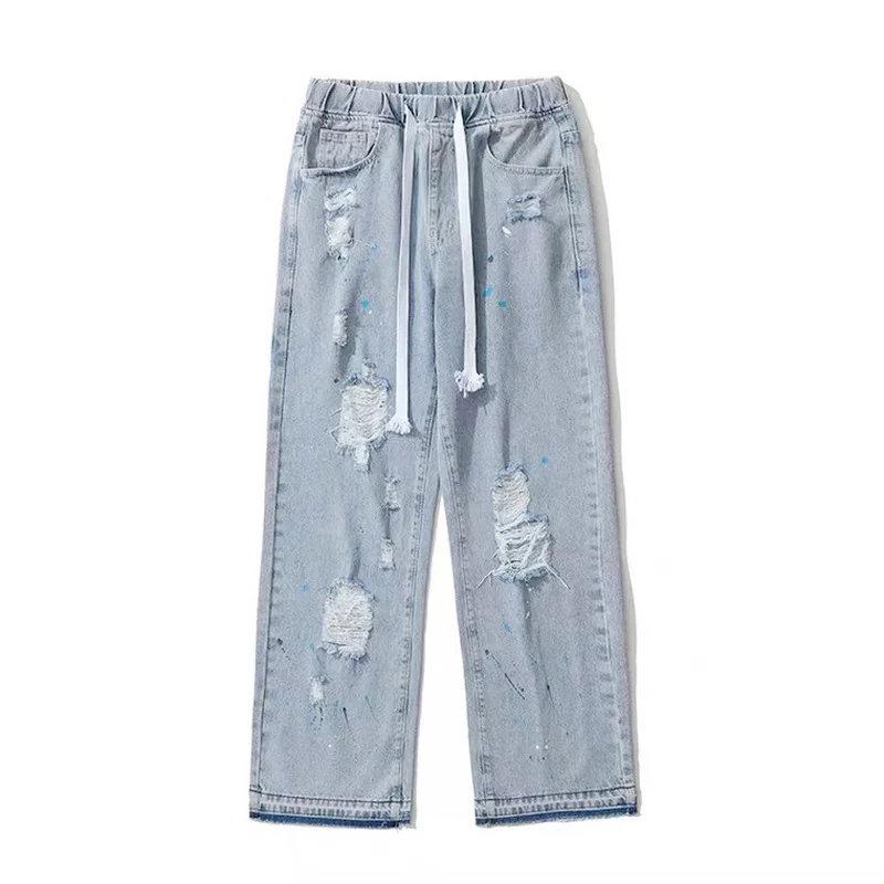 High Street Ripped Jeans for Men Straight Leg Loose Jeans Y2k Fashion Street Jeans Fashion Street Ins Hot Sale JEANS