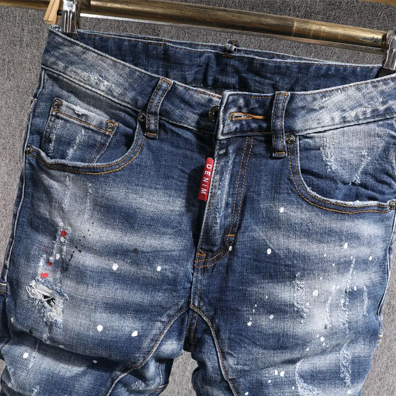 Street Fashion Men Jeans Retro Blue Stretch Painted Designer Slim Fit Biker Jeans Homme Hip Hop Ripped Pants Men Hole Trousers