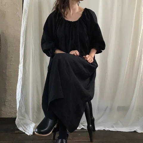 chinese dress ladies Black linen shirt dress 1163 – Xiaolizi main image 1