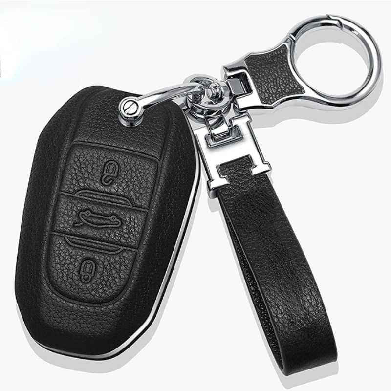 

Leather key chain For Peugeot 408/508/2008/4008 5008 3-button smart key protective sleeve buckle