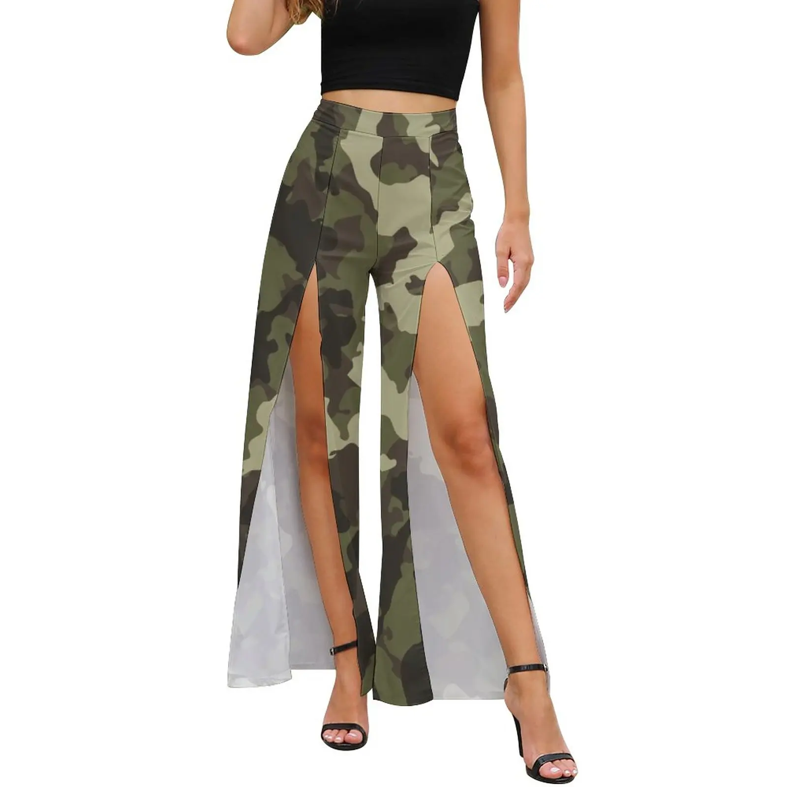 

Army Camo Pants Summer Cool Camouflage Casual Wide Pants Female High Slit Aesthetic Pattern Trousers
