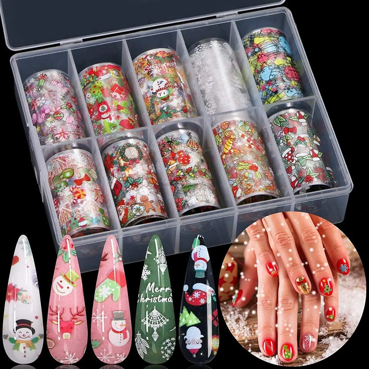 

10pcs/Box Christmas Nail Sticker 10-Styles 100*4cm Foils Transfer Nail Decals Snowflakes Elk Gift Santa Stickers Manicure Decora