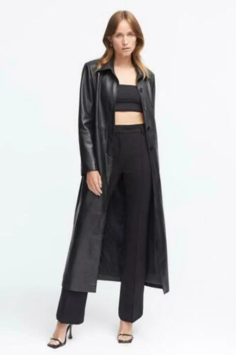 Leather Trench Coat Women Stylish Long Coat with Formal Wear Dress Genuine Leather Jacket Women