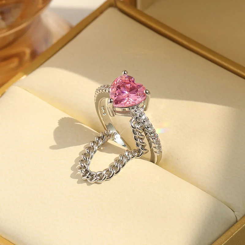 

Sweet Girl Peach Heart Chain Ring Tide Cool Pink Zircon Girl Opening Adjustable Ring Jewelry