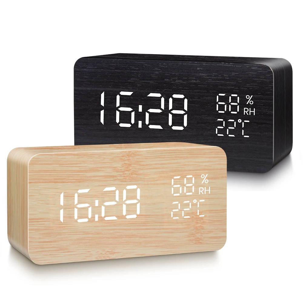 

LED Digital Wooden Alarm Clock USB/AAA Powered Table Watch With Temperature Humidity Voice Control Snooze Electronic Desk Clocks