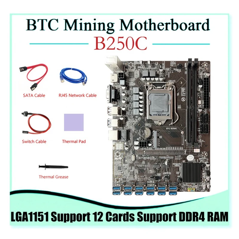 

B250C BTC Mining Motherboard 12XPCIE To USB3.0 Slot SATA Cable+Switch Cable+RJ45 Network Cable LGA1151 Supports DDR4 RAM