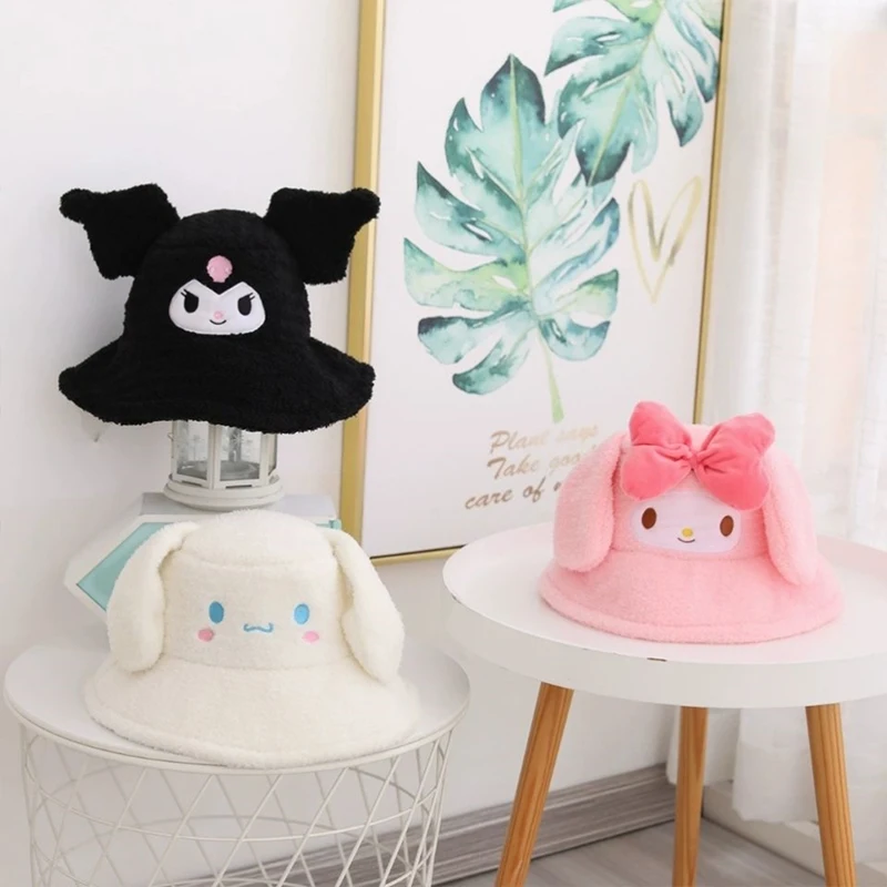 

Новинка, Панама Sanrio Kawaii с 3D ушами, Kuromi Cinnamoroll, мягкая мультяшная кукла, милая плюшевая шапка для девочек на осень и зиму