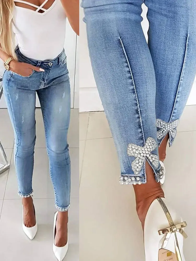 Pants Fitness Trousers Fashion Bow Design Bottom Size Cuff Skinny High Female Denim Clothing Jeans Waist Casual Autumn Female