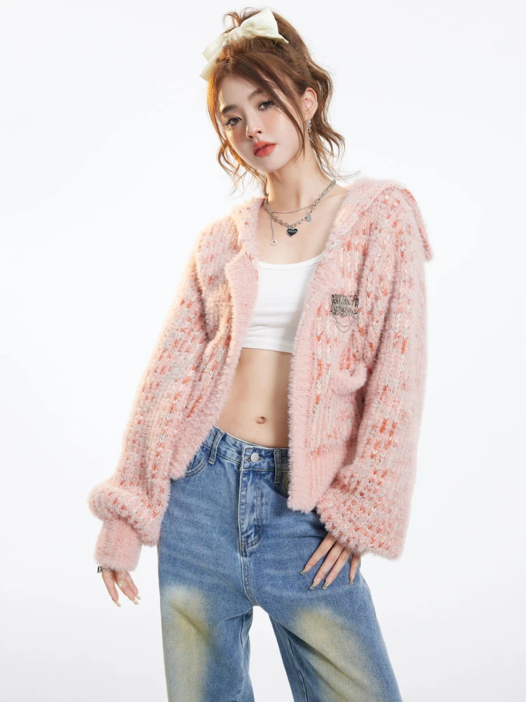

Sailor Collar Crop Tops Long Sleeve Solid Casual Loose Spring Autumn Women Cardigan Lazy Style Preppy Style Knitted Sweaters